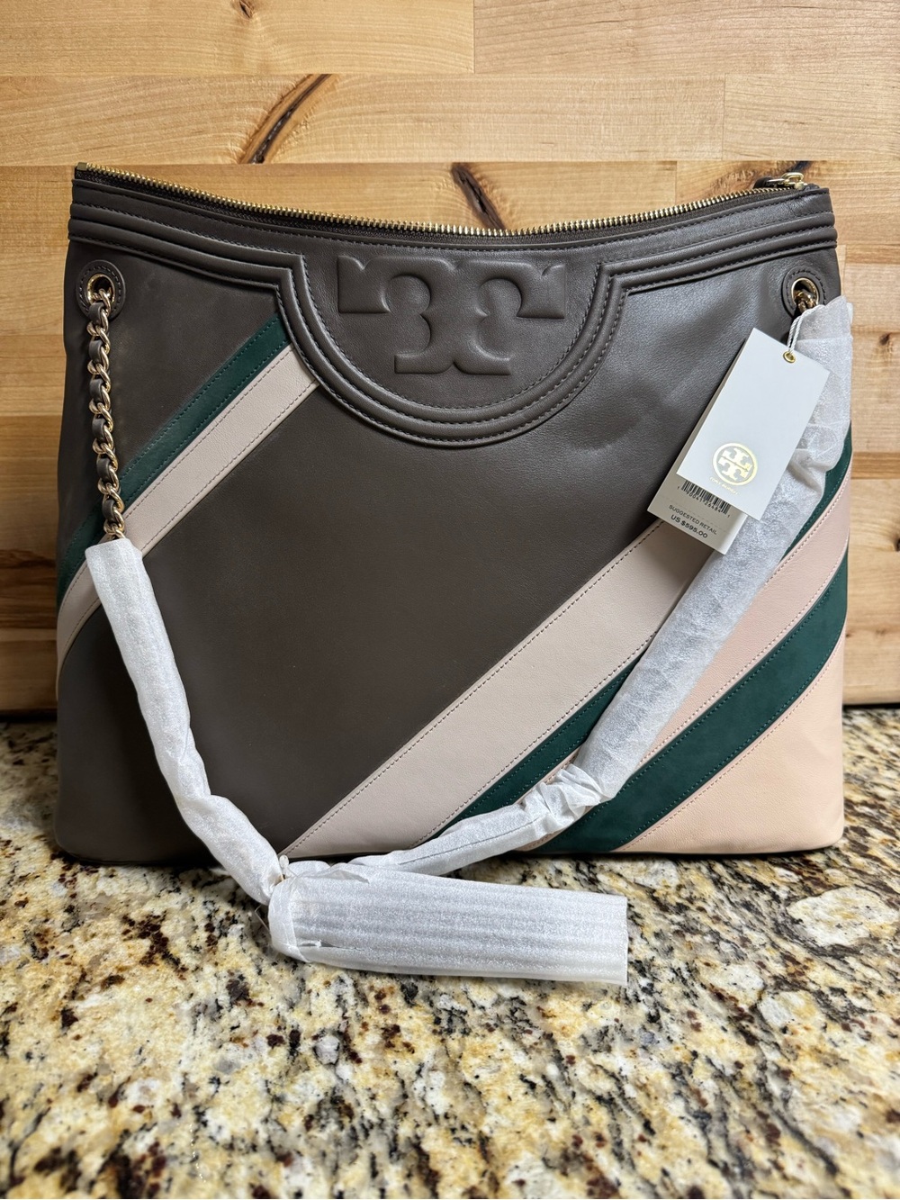Tory Burch Fleming Stripe Tote Brown Blush & Forest Green Colorblock Leather NWT